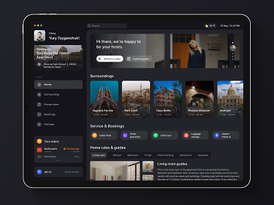 Assistant app for rented home guests. airbnb app app design appartment application assistant clean dark dark mode dark theme design home ipad ipados ipadpro rental table ui