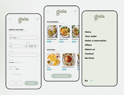 Gaia Vegan Restaurant app book design food menu mobile app restaurant table ui ux vegan