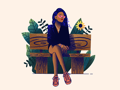 Just chilling. bench character design diversity fashion flat flower girl illustration park people plants texture woman