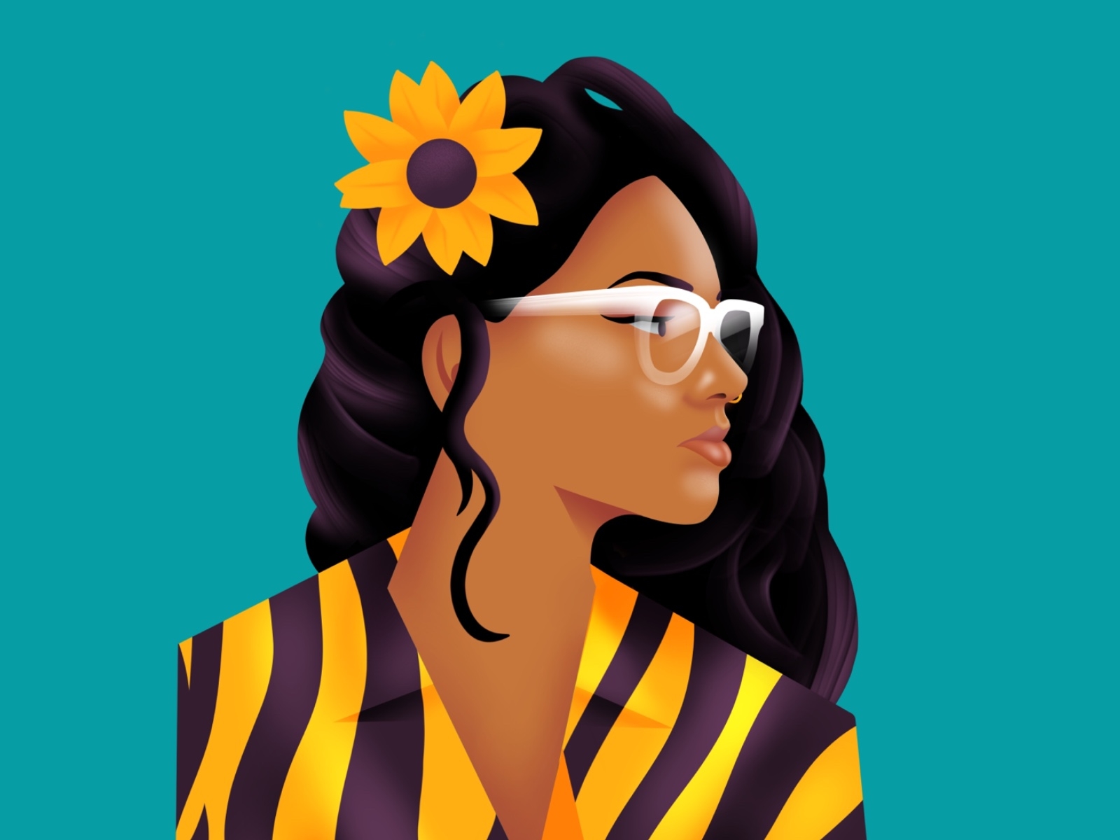 Sunflowers & Tigers asian character fashion female girl gradients illustration indian minimal people portrait procreate sunflower tiger woman yellow