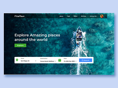 FineTour. - Travelling Agency Landing Page Design booking clean hero section holidays homepage landing page design minimal nature photography tourist travel travel agency travel app traveller trip ui ui pattern ux design vacation web design