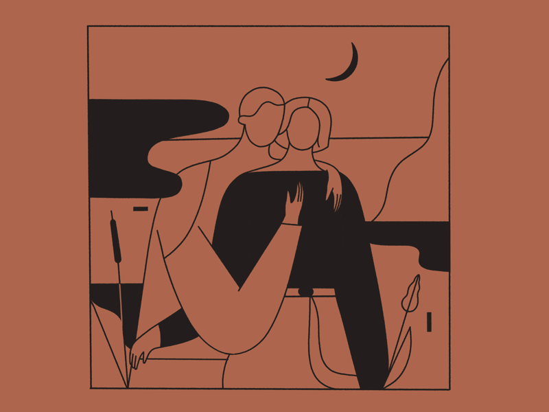 Precious crescent woman minimalism tender hug intimate couple nature portrait print illustration