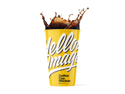 Glossy Coffee Cup with Splash Mockup 3d branding coffee cola cup design graphic design juice mockup packaging smart object template yellow images