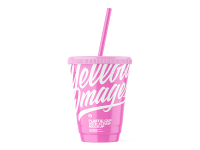 Glossy Cup with Straw Mockup 3d branding cap cup cup with straw design glossy graphic design mockup smart object straw template yellow images
