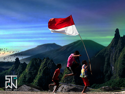 The child is proud to carry the Indonesian flag an angel floating in the garden digital imaging graphic design montain