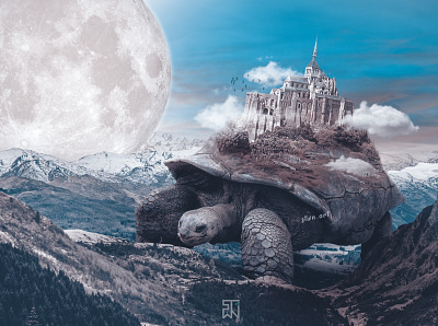The palace on the big tortoise an angel floating in the garden digital imaging graphic design montain