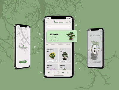 Bonsai Shop Mobile Application Design bonsai figma figmacommunity interfacedesign plantshop treeshop ui uidesign uiux ux uxresearch