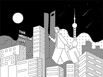 The Modern City black and white city illustration night shanghai