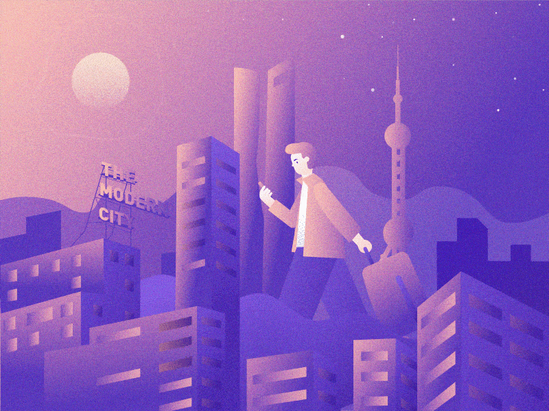 Wandering in Shanghai animation animation 2d city gradients illustration mg nightlife shanghai violet wandering