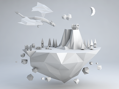 An Island with Treasures 3d c4d clay render design dragon illustration island low poly night