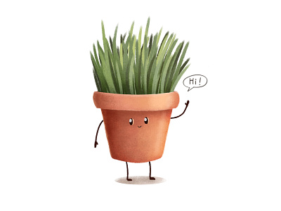 Flowerpot character cute digital art flowerpot grass hi illustration