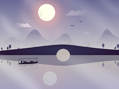 Hangzhou bridge goose illustration moon mountain ship tree water wild