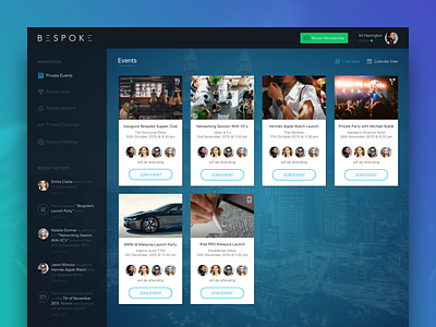 Bepsoke Event Page cards dark dashboard ui user interface ux