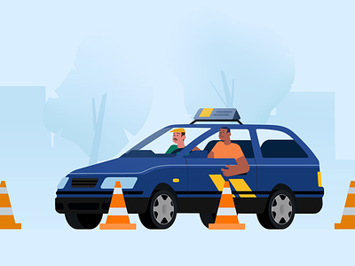 Car Course blue car car course car rental character drive driving school flat happily illustration young boy