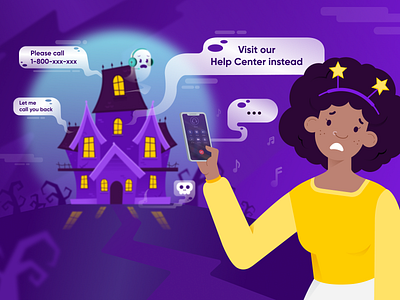 Illustration for Glia's Blog branding character character design design digital customer service figma ghost graphic design halloween haunted house illustration phone vector