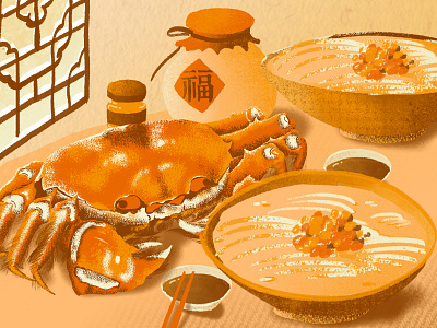 a Chinese meal chinese crab illustration light meal noodles orange photoshop windows wine