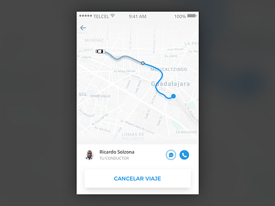Driver on Route on a chained trip address call call to action cancel chat citydrive driver gps gps tracker gradient guadalajara location map map marker maps message phone route trip uber