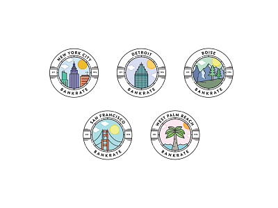 Office Location Badges for Bankrate badge boise detroit illustrations illustrator new york city san francisco visual design west palm beach