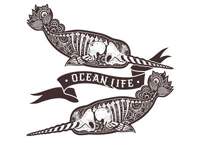 Ocean Life animals floral flowers graphic narwhal skeleton skull tattoo vector whale