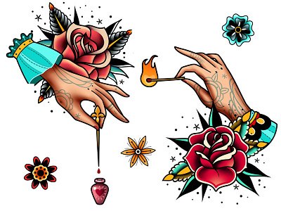 Tattoo Hands flame flowers hands old school poison roses tattoo vector