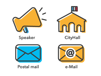 Set of minimalist Flat Icons blue cityhall email flat icon icons mail minimalist postal speaker yellow