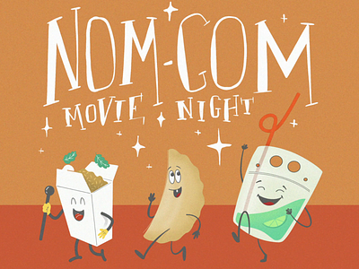 Nom Com Movie Night animation asian food character cocktail drink dumpling food lobby motion noodles procreate rice straw takeout text typography