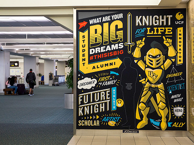 Big Dreams Orlando Airport Wallwrap advertisement college football gold illustration interactive knight mural plane