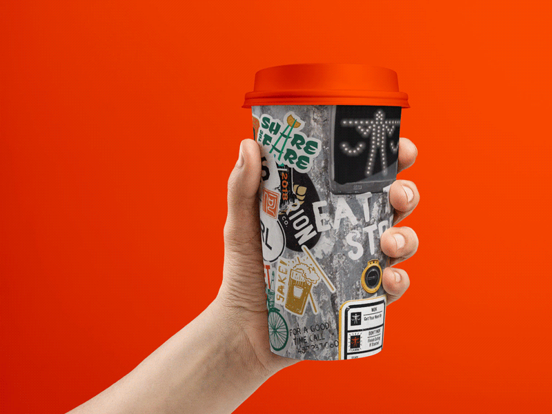 Hawkers To Go Cup asian beverage branding drink graffiti art grunge orange restaurant stickers streets takeout texture