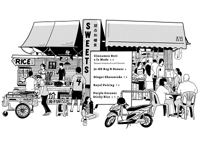 Streets of Asia black and white cart chinese dessert food halftone hawker illustration ink japanese layout menu restaurant scooter stall sweets thailand