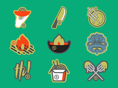 Lapel Pins asian china cooking dishes fire food icon japan knife logo mockup restaurant server tiki typography