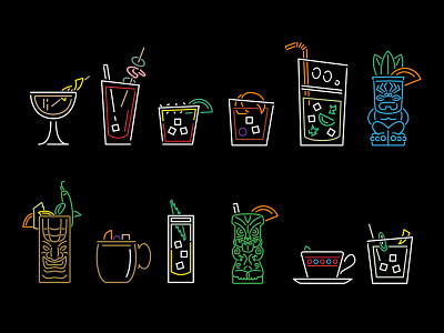 Neon Cocktails alcohol asian beverages bright china color cups drink food glassware illustration illustrations japan line art liquor platware restaurant straw tiki