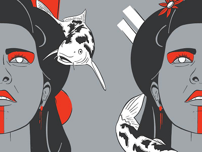Geisha and Koi apparel asian chinese clothes eyes face fish flower illustration imprint japan japanese makeup screen print shirt shirt design woman