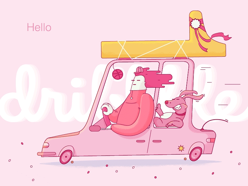 Hello Dribbble animation car debut dog dribbble driving illustration one shot vector