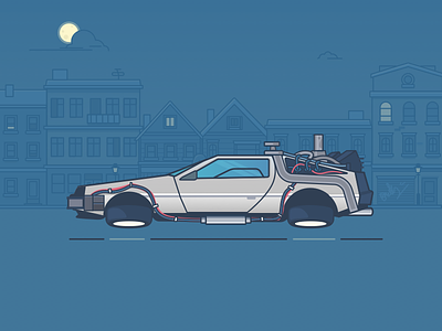 Great Scott! back to the future buildings car city delorean icon illustration ios night oldschool outlinned