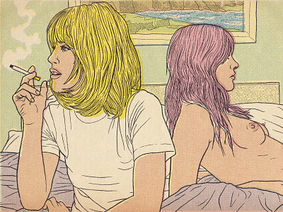 Two girls drawing girlfriends halftone illustration illustrator lowbrow motel pulp smoking topless vintage