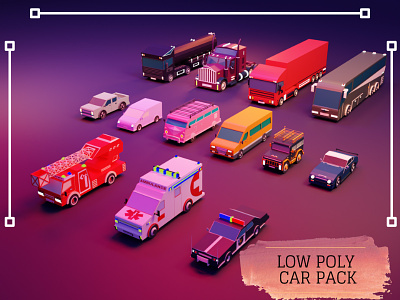 Low Poly Car Pack 3d ambulance blender bus car carset design fire department graphic design illustration jeep logo police taxı truck ui