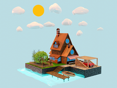 Theme Project 3d blender blue car green house illustration illüstrasyon imagination mercedes project sea tree