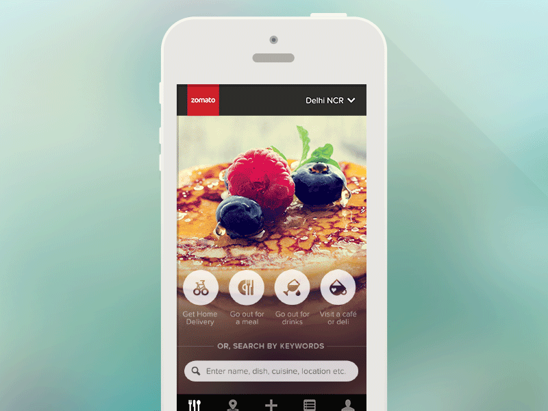 Explore — Zomato iOS app app blur food gif home ios iphone parallax restaurant scroll search tabs