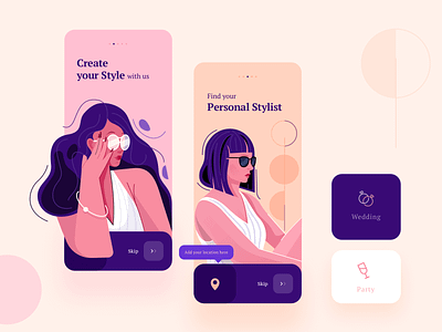 Onboarding Illustration app design concept fashion girl illustration inspiration ios mobile app modern onboard pastel product design purple red style typography ui uiux ux