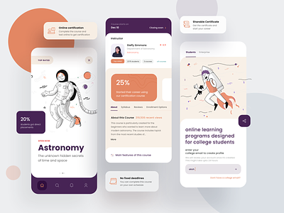 e-learning app app astronaut astronomy clean colorful kit learning login minimal mobile modern online orange profile purple student teaching typography ui ux