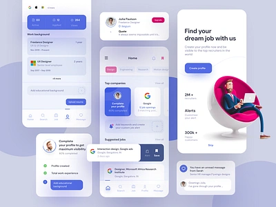 Job searching app blue clean dashboard find google inspiration job minimal modern profile search ui ux white