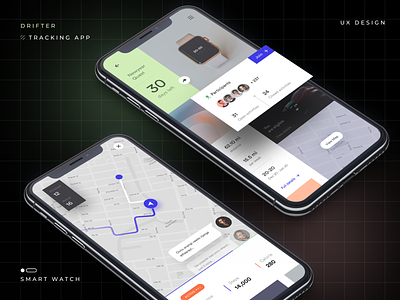 Drifter app design app black dashboard map smart tracking