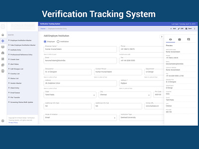Verification Tracking System dashboard dashboard design forms side menu tracking system verification tracking system