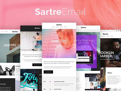 Sartre Responsive Email Toolkit: 120+ Sections + Online Builder agency app architecture ecommerce fashion newsletter notification portfolio restaurant startup travel video