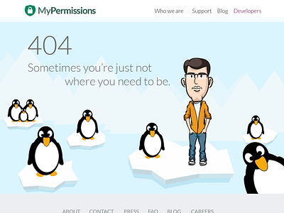 404 for MyPermissions new website 404 blue cold guy ice icebergs illustration lost man penguins snow