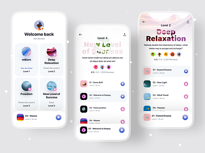 Relaxation App (White Theme) app calm cards cover illustration ios profile relax relaxaton social typography ui ux yoga
