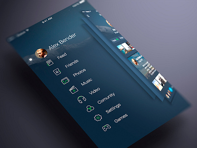 Social App Ui Sidebar (WIP) app dark feed ios ios7 photos profile social timeline ui ux