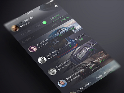 Cars App Owners app cars collections dark friends ios social timeline ui ux