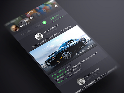 Cars App Explore app cars collections dark friends ios social timeline ui ux