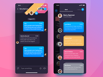 Rainbow Messenger chat view animation app app design cards chat cover icon ios messenger mobile app design profile profile card sidebar ui unread ux